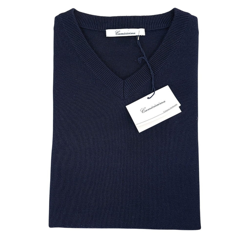 Quiet Luxury Camicissima Italian Cotton V Neck Sweater Mens M Navy NWT